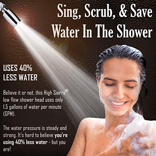 High Sierra's All Metal 1.5 GPM High Efficiency Low Flow Showerhead. Available in: CHROME, Brushed Nickel, Oil Rubbed Bronze, Polished Brass, or Matte Black